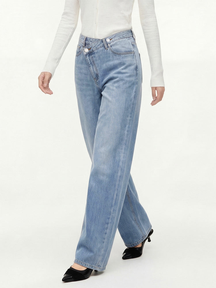 【 タイム限定 さらに20%OFF！！！】斜めボタンワイドデニム｜個性的な斜めデザインでウエストすっきり オールシーズン対応【大きめサイズですので、ワンサイズ下をおすすめします】