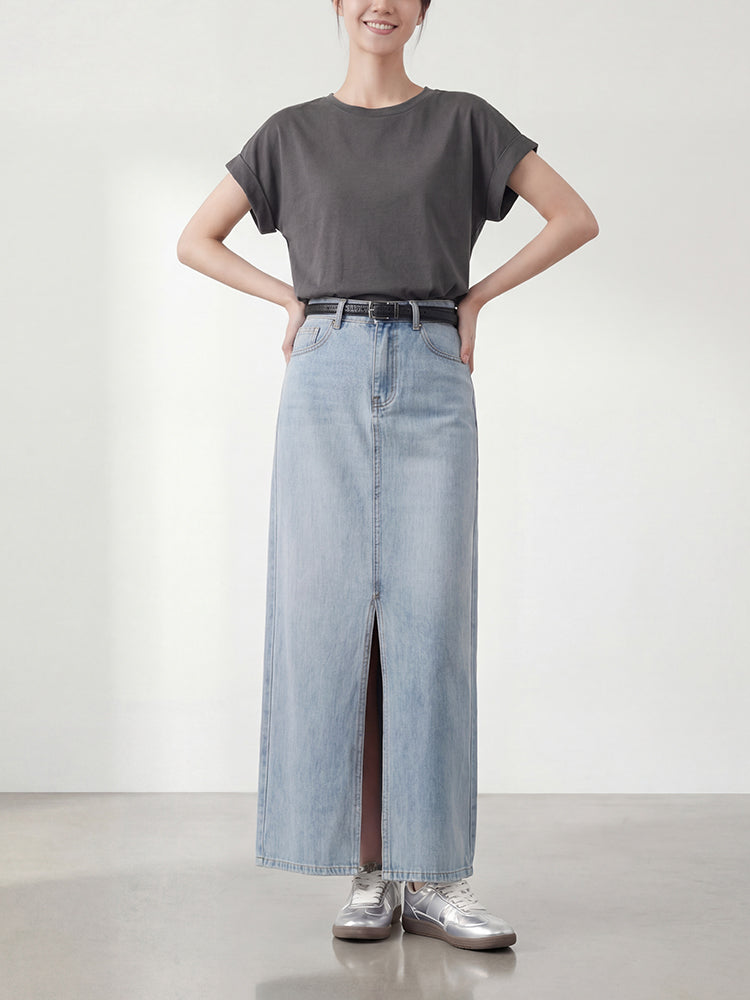 【ヴィンテージ デニム ロングスカート】 フロントスリット 脚長効果 すっきり見え 抜け感