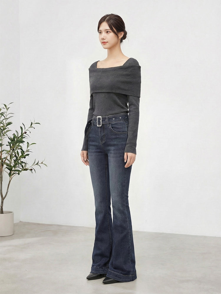 【ハイウエスト 微ラッパデニムパンツ】 ヒップアップ 脚長効果 スタイルアップ