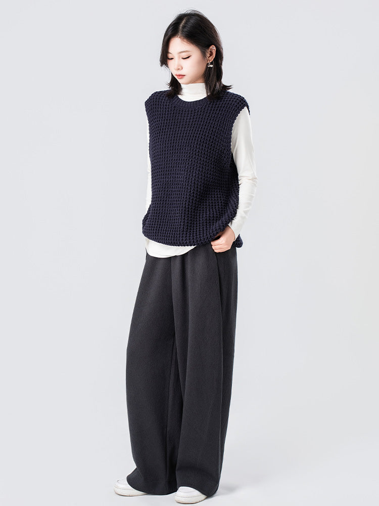 ウール裏フリースハイウエストワイドパンツ