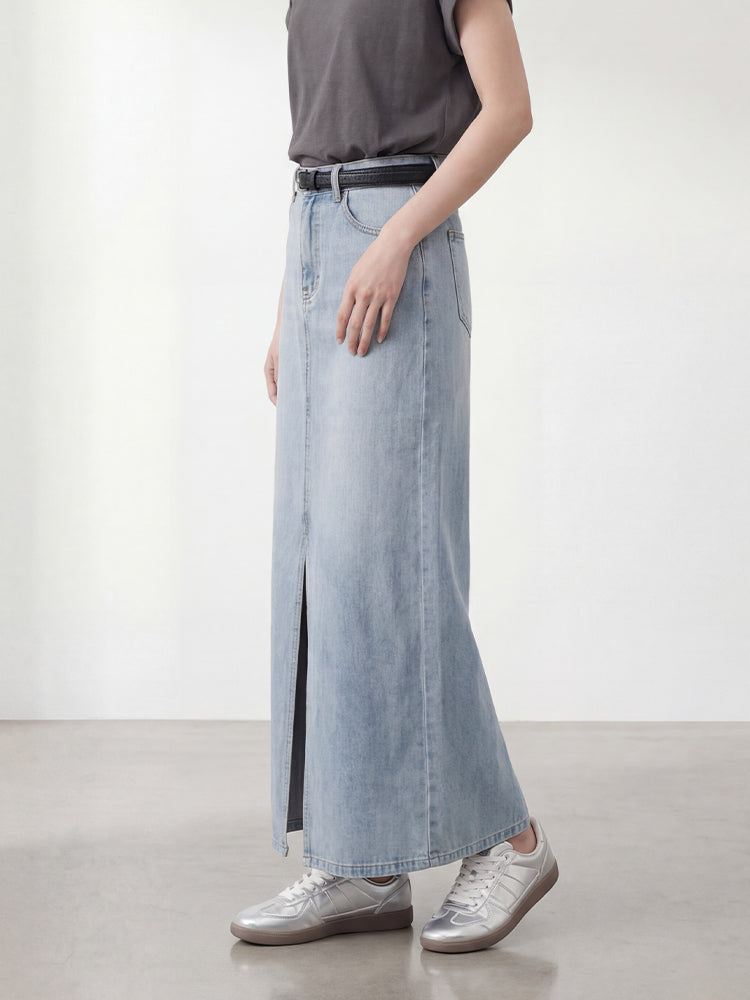 【ヴィンテージ デニム ロングスカート】 フロントスリット 脚長効果 すっきり見え 抜け感