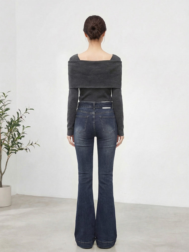 【ハイウエスト 微ラッパデニムパンツ】 ヒップアップ 脚長効果 スタイルアップ