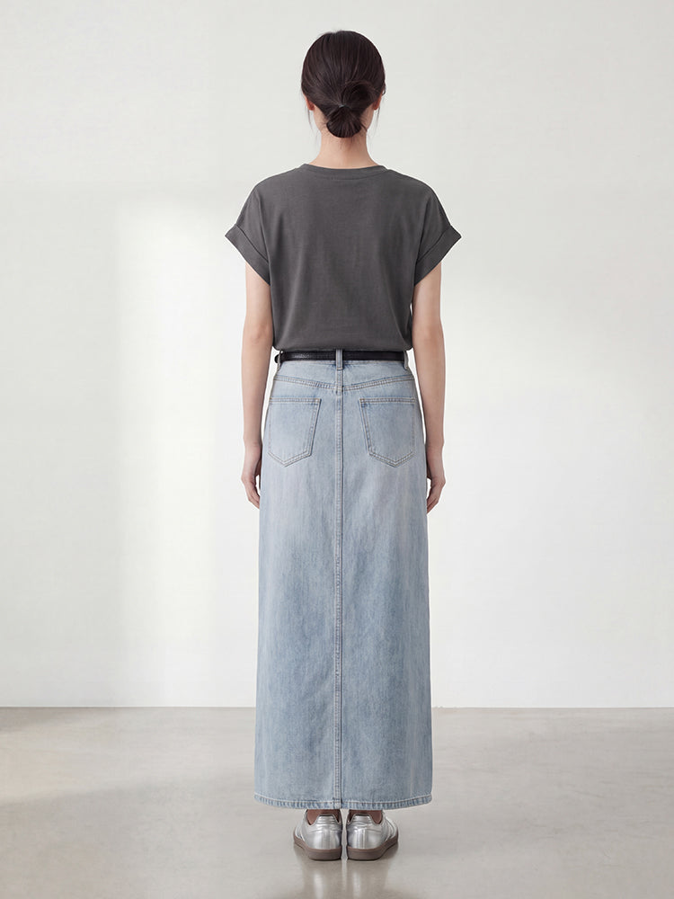 【ヴィンテージ デニム ロングスカート】 フロントスリット 脚長効果 すっきり見え 抜け感