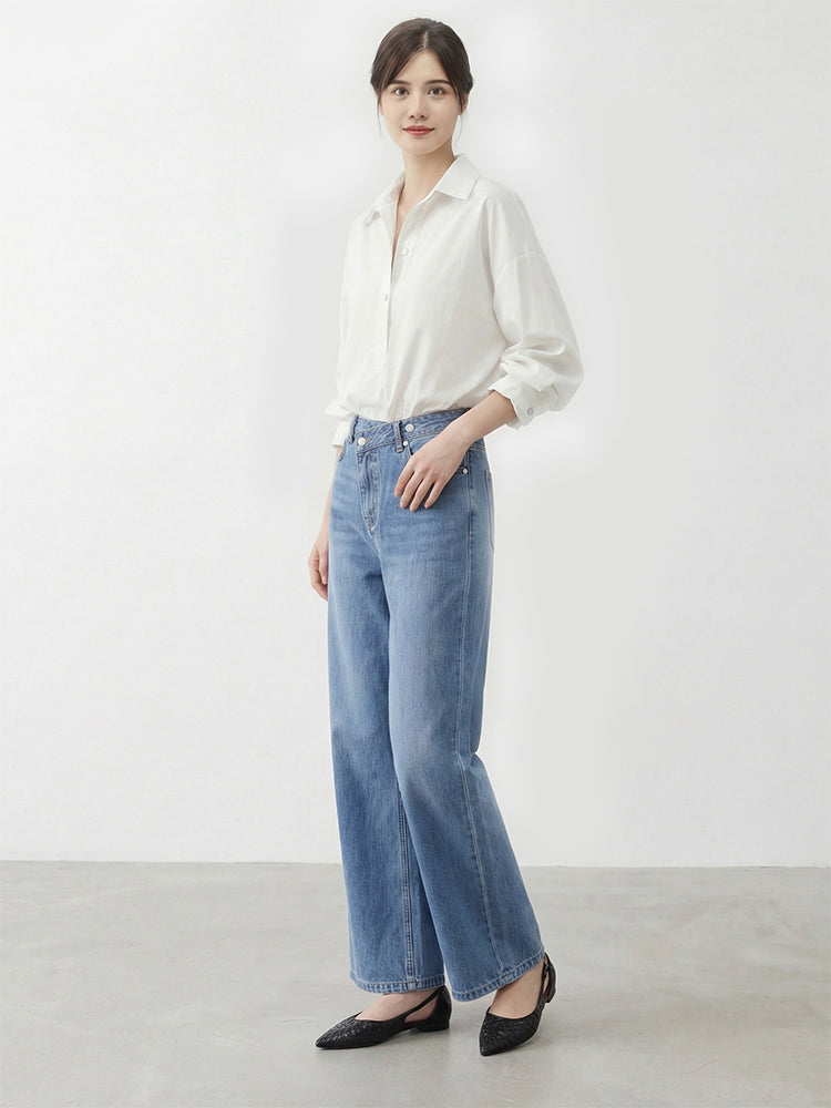 【 タイム限定 さらに20%OFF！！！】斜めボタンワイドデニム｜個性的な斜めデザインでウエストすっきり オールシーズン対応【大きめサイズですので、ワンサイズ下をおすすめします】