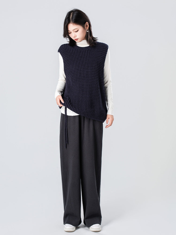 ウール裏フリースハイウエストワイドパンツ