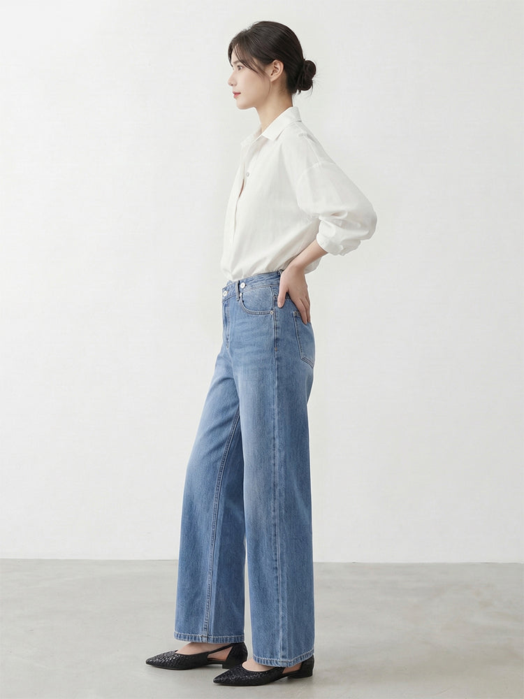 【 タイム限定 さらに20%OFF！！！】斜めボタンワイドデニム｜個性的な斜めデザインでウエストすっきり オールシーズン対応【大きめサイズですので、ワンサイズ下をおすすめします】