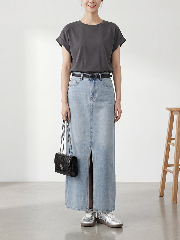 【ヴィンテージ デニム ロングスカート】 フロントスリット 脚長効果 すっきり見え 抜け感