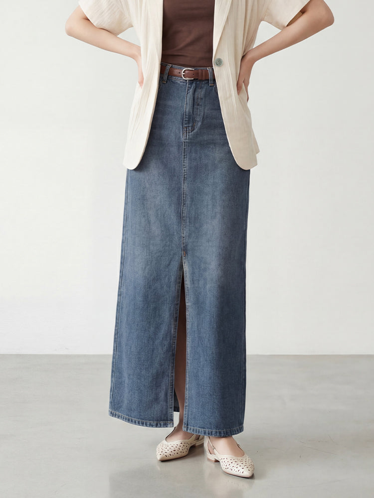 【ヴィンテージ デニム ロングスカート】 フロントスリット 脚長効果 すっきり見え 抜け感