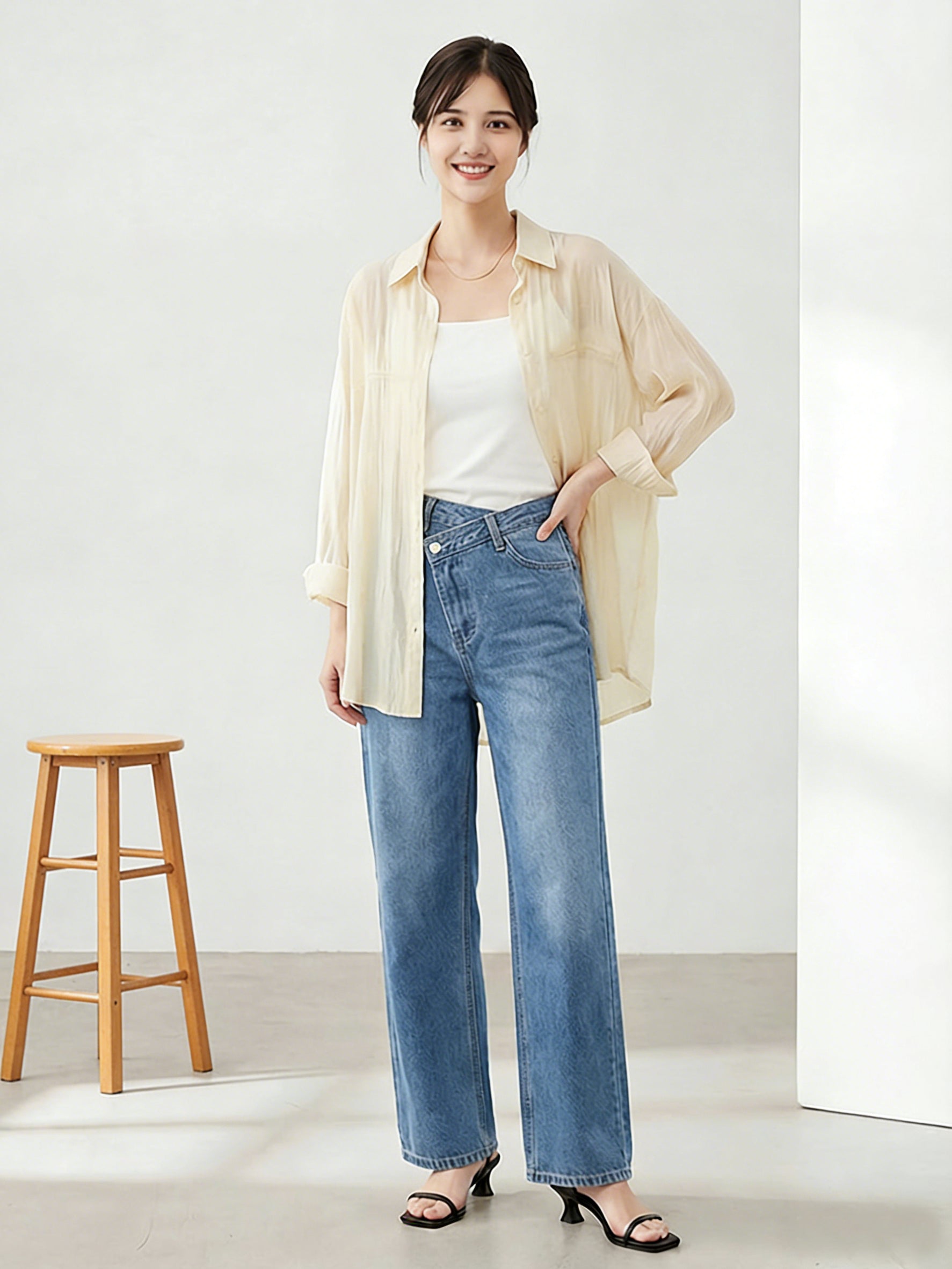 【 タイム限定 さらに20%OFF！！！】斜めボタンワイドデニム｜個性的な斜めデザインでウエストすっきり オールシーズン対応【大きめサイズですので、ワンサイズ下をおすすめします】