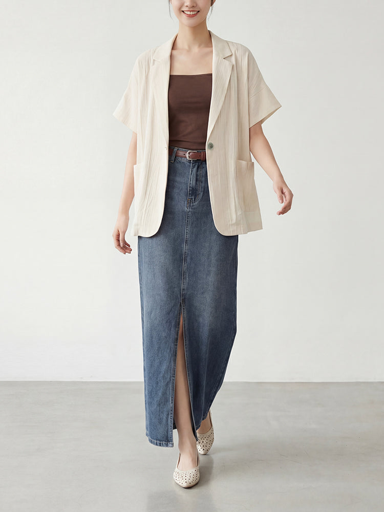 【ヴィンテージ デニム ロングスカート】 フロントスリット 脚長効果 すっきり見え 抜け感